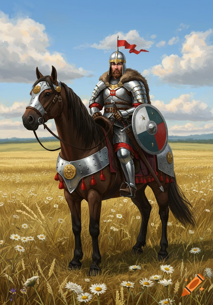 A knight in shining armor on a horse in a field of daisies under a blue sky.