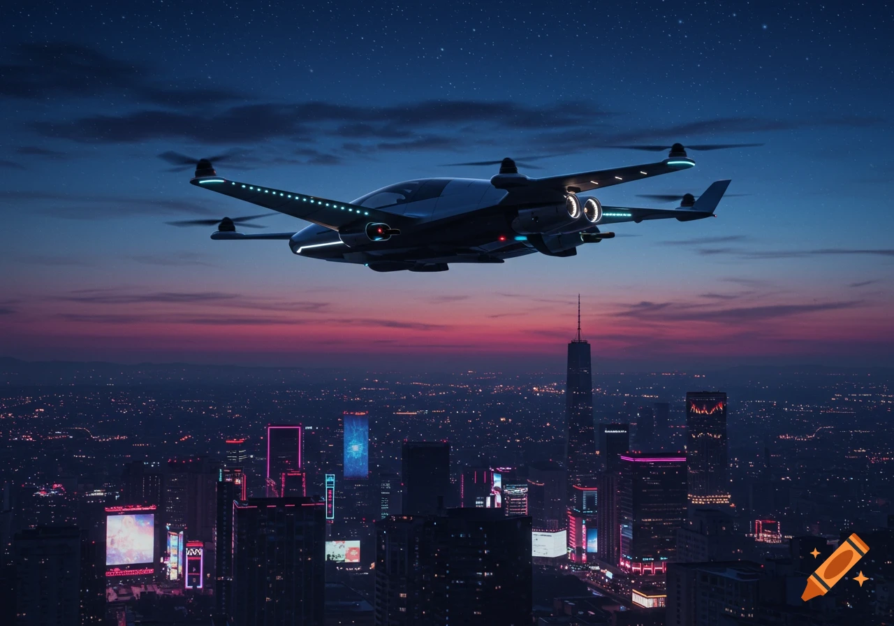 A sleek, futuristic aircraft with glowing lights flies over a sprawling city at dusk, with towering skyscrapers illuminated against a starry sky.