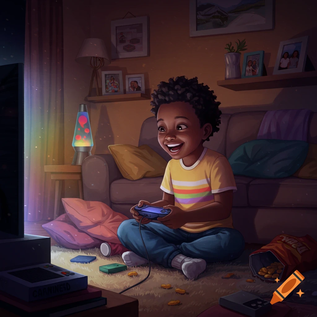 A young Black boy smiling while playing video games in a cozy, dimly lit living room with a lava lamp.