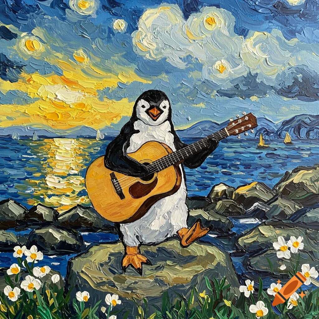 A Van Gogh-style oil painting of a penguin playing an acoustic guitar on a rocky shore at sunset.