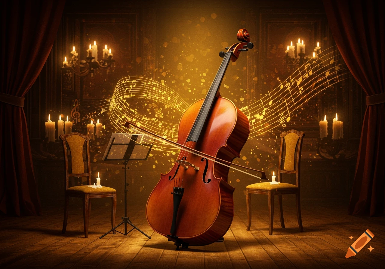 A glowing cello stands on a wooden stage, surrounded by floating musical notes, ornate chairs, and lit candles in a dark, elegant room.