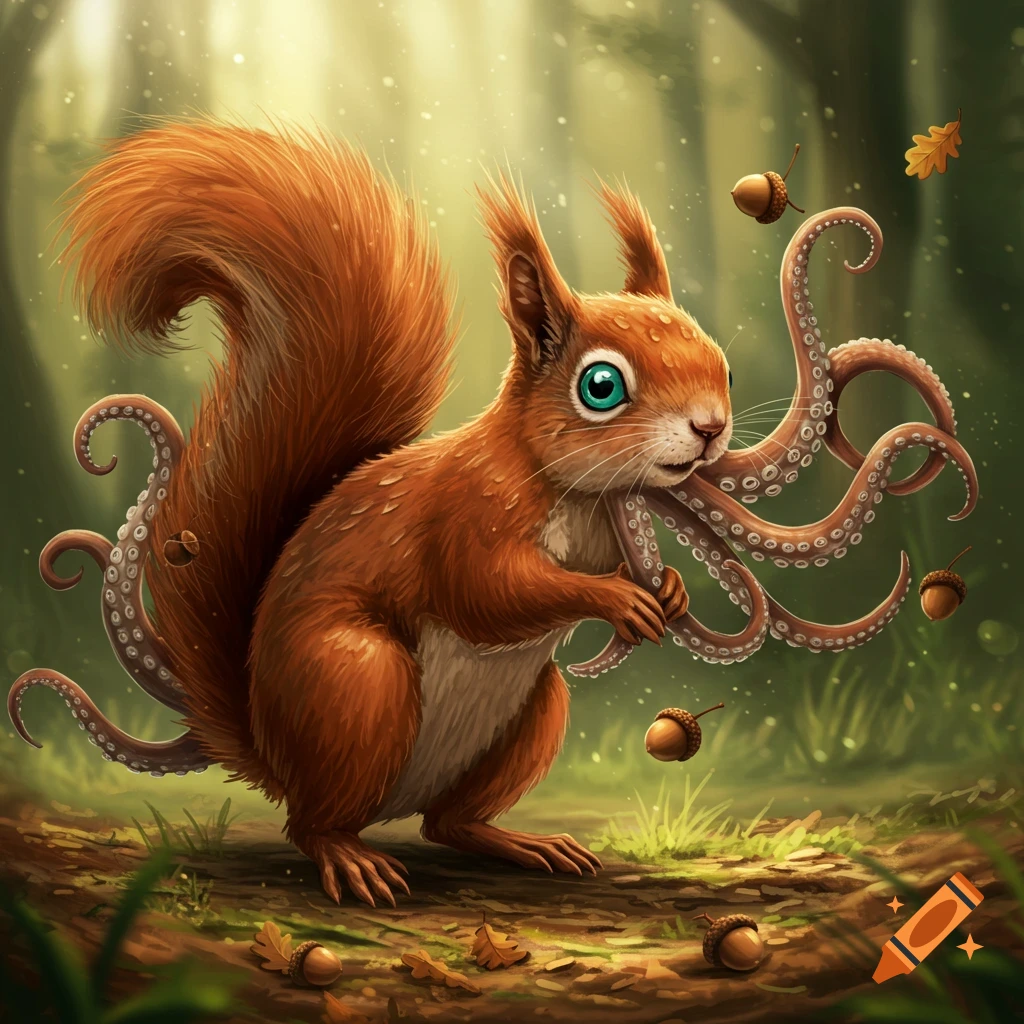 A detailed illustration of a whimsical squirrel-octopus hybrid holding its tentacles, surrounded by acorns and fallen leaves in a forest.