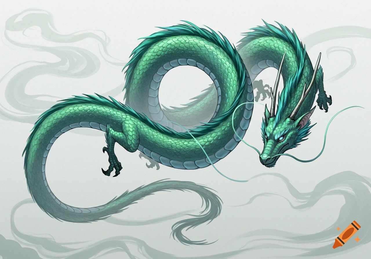 A vibrant green dragon illustration, with detailed scales and fins, coiling and floating against a soft, smoky background.