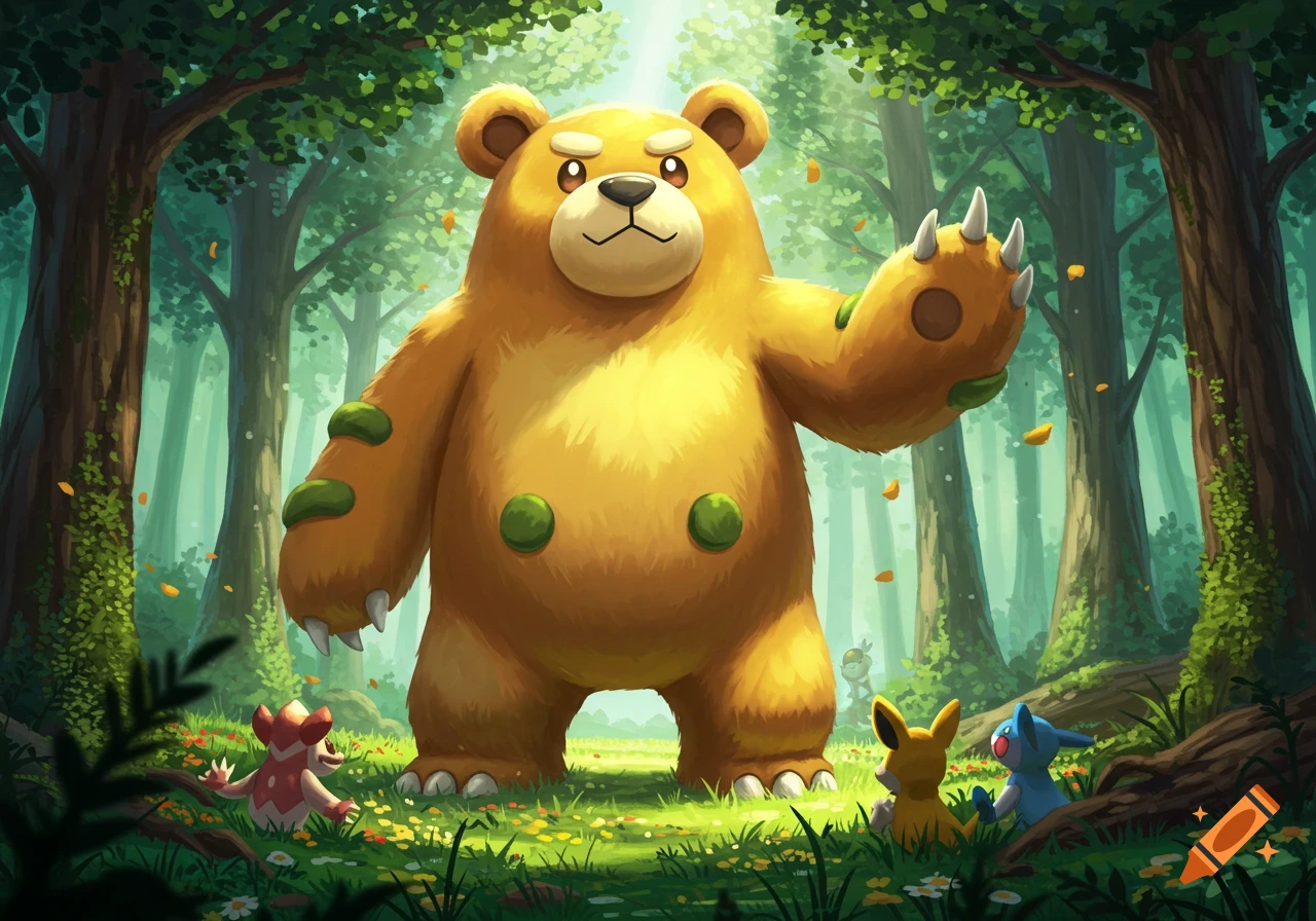 A gigantic, yellow, bear-like Pokémon stands in a sunlit forest, surrounded by smaller Pokémon.