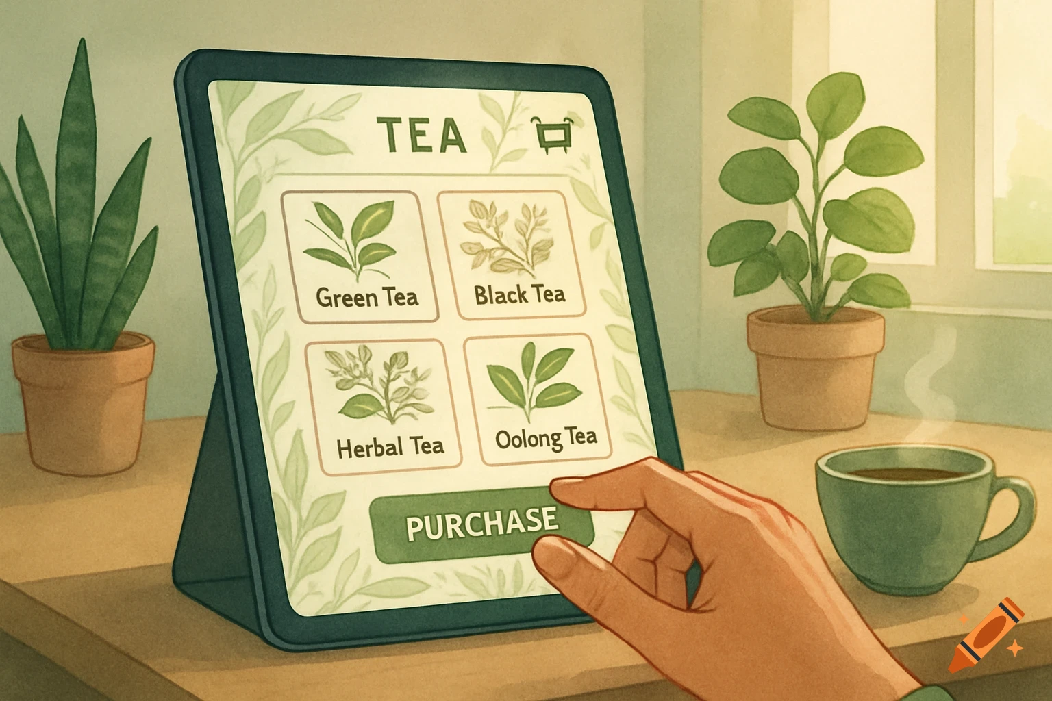 A person's hand taps a 'PURCHASE' button on a tablet displaying different tea options, with potted plants and a steaming mug on a warm, illustrative desk.