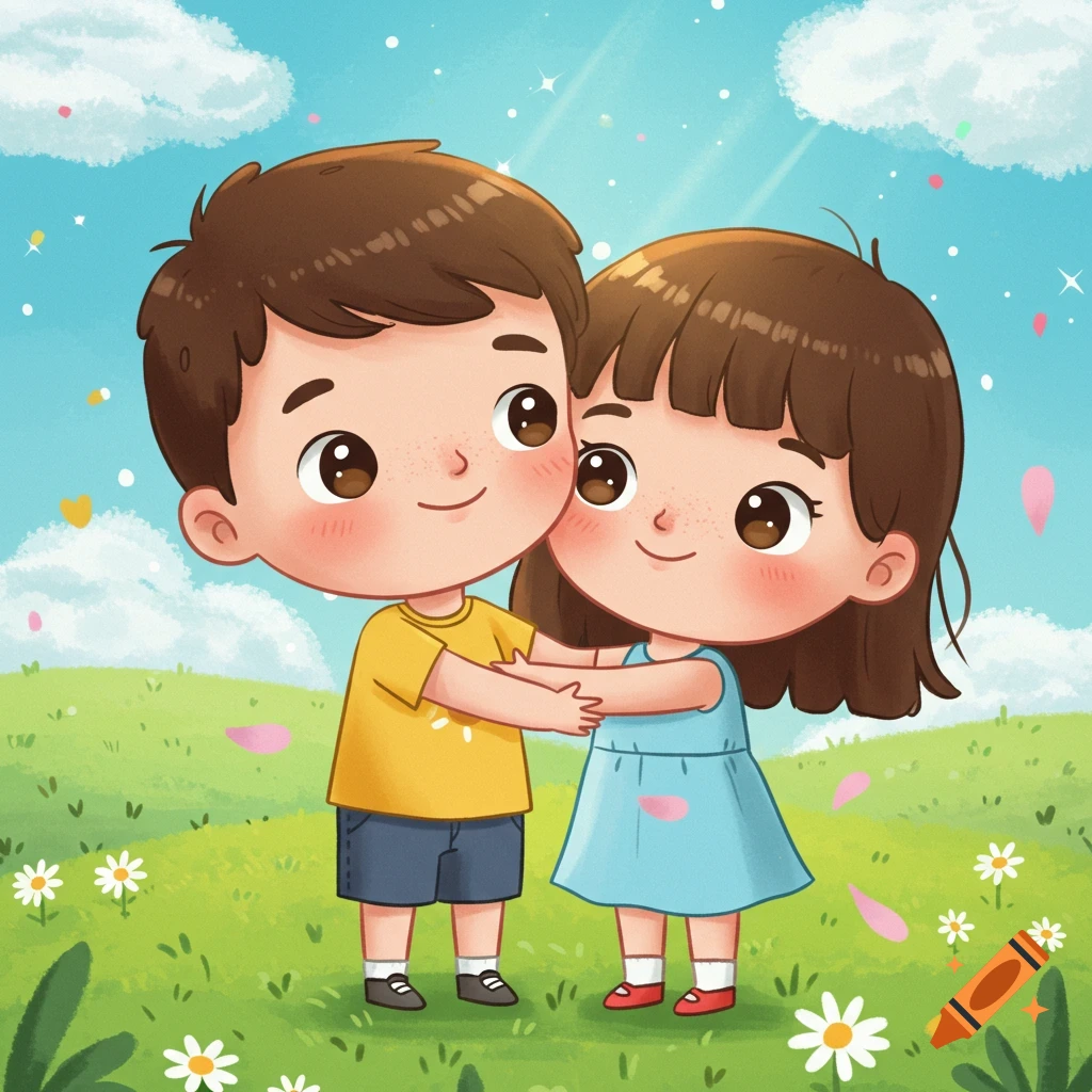 A cartoon illustration shows a girl and a boy feeding and petting a brown  dog with hearts floating above them. on Craiyon, image size:1024x1024