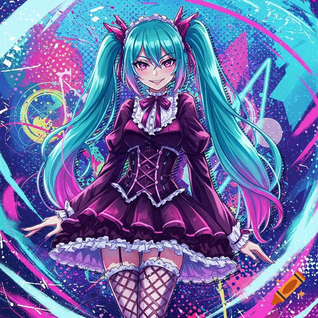 Anime girl with teal and pink twin tails, purple eyes, in a purple gothic-lolita dress and fishnet stockings, against a vibrant abstract background.