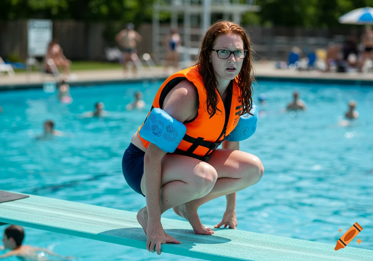 Photorealistic image of a nervous, red-haired woman in a lifejacket and water wings squatting on a diving board above a pool.
