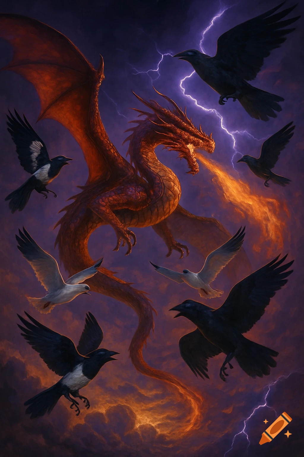 A fire-breathing red dragon flies through a stormy purple sky with lightning, surrounded by magpies, crows, and seagulls.