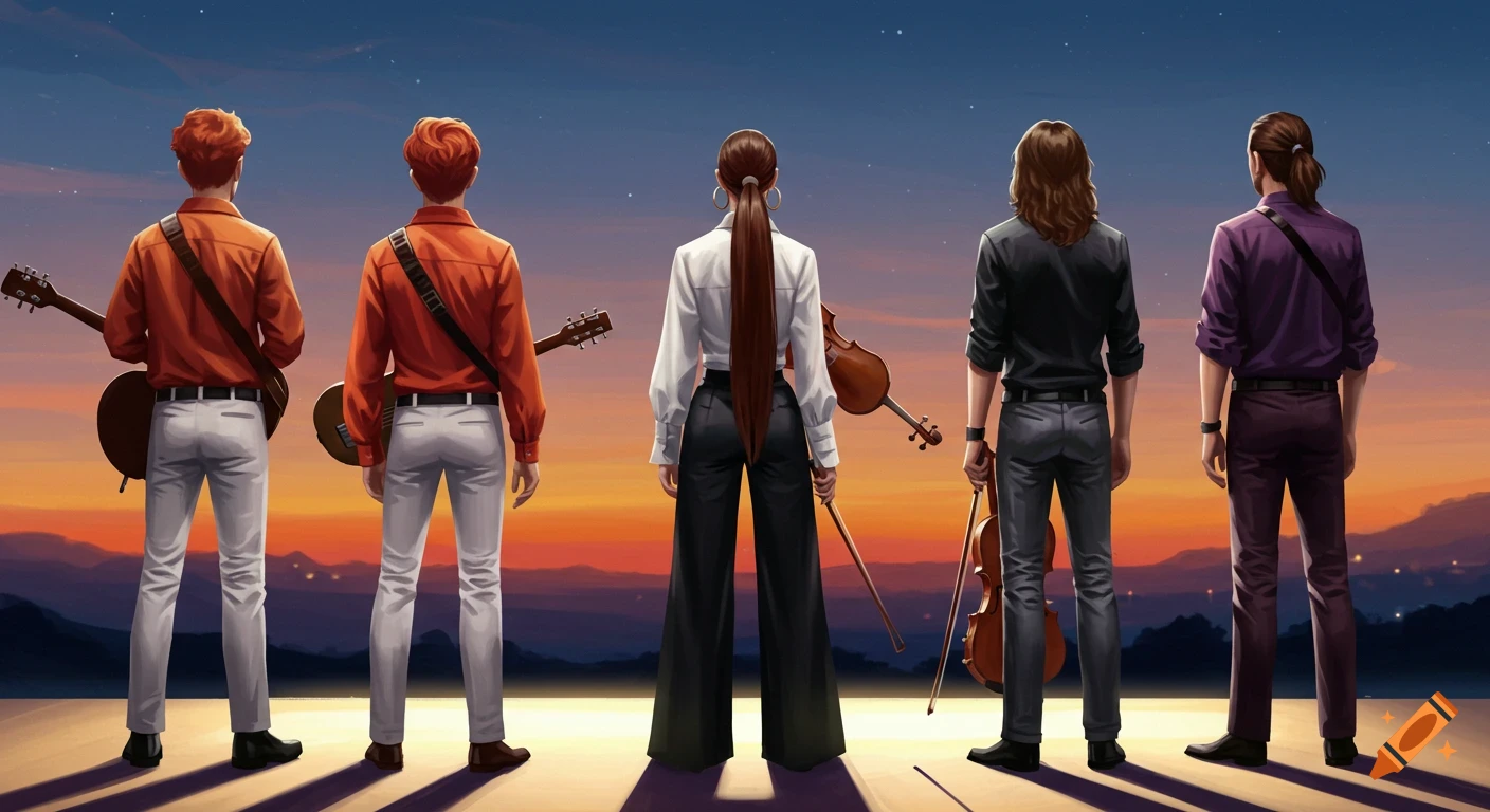Five musicians, viewed from behind, stand with instruments looking at a colorful sunset over mountains in a stylized digital art style.