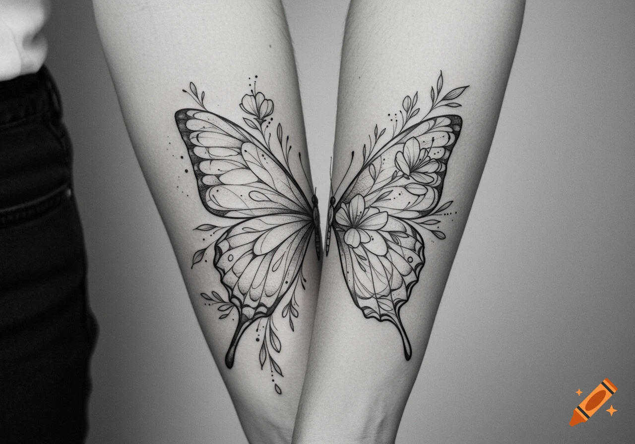 Black and white outline tattoo of a butterfly with floral designs, split across two forearms.