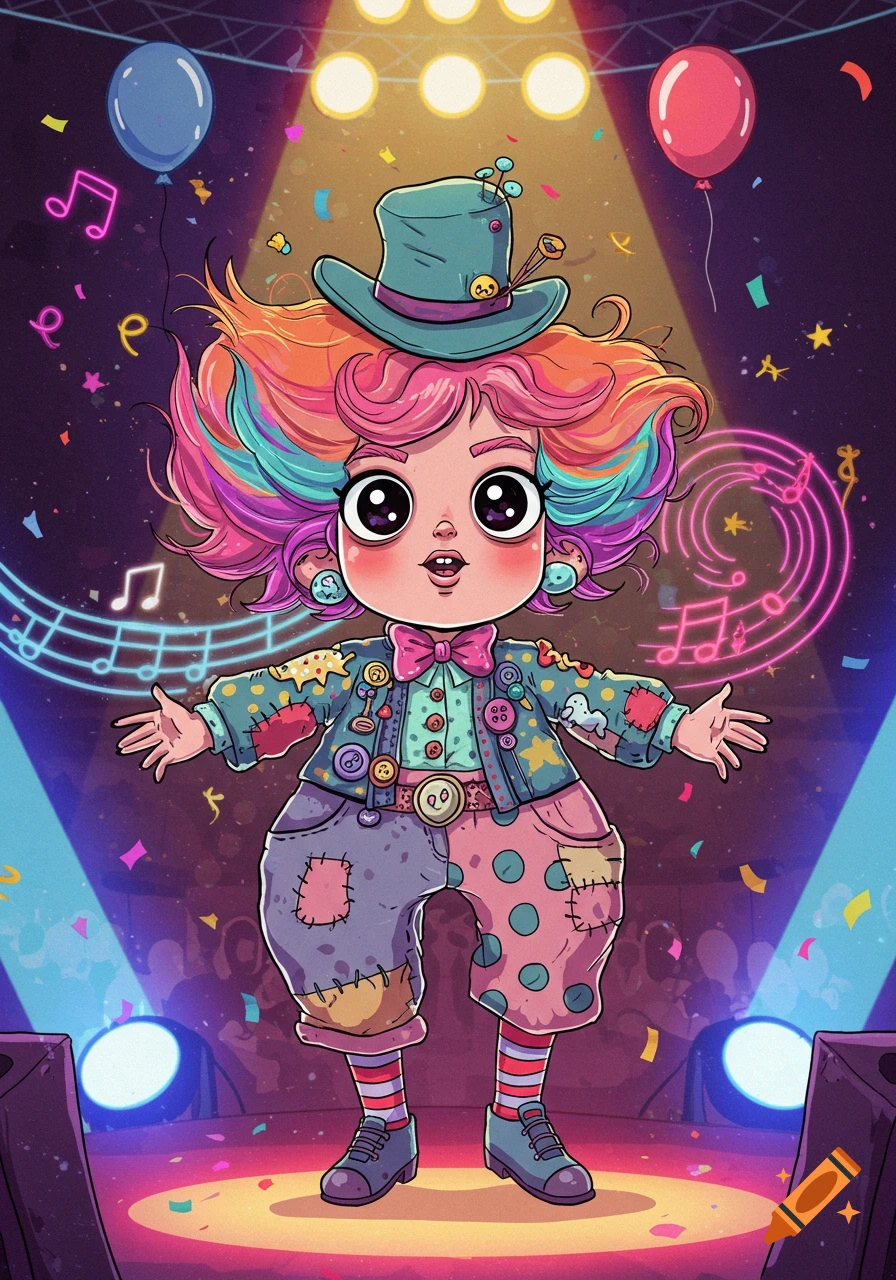 A cute, big-eyed cartoon character with rainbow hair in a colorful clown costume on a stage with spotlights, balloons, and musical notes.