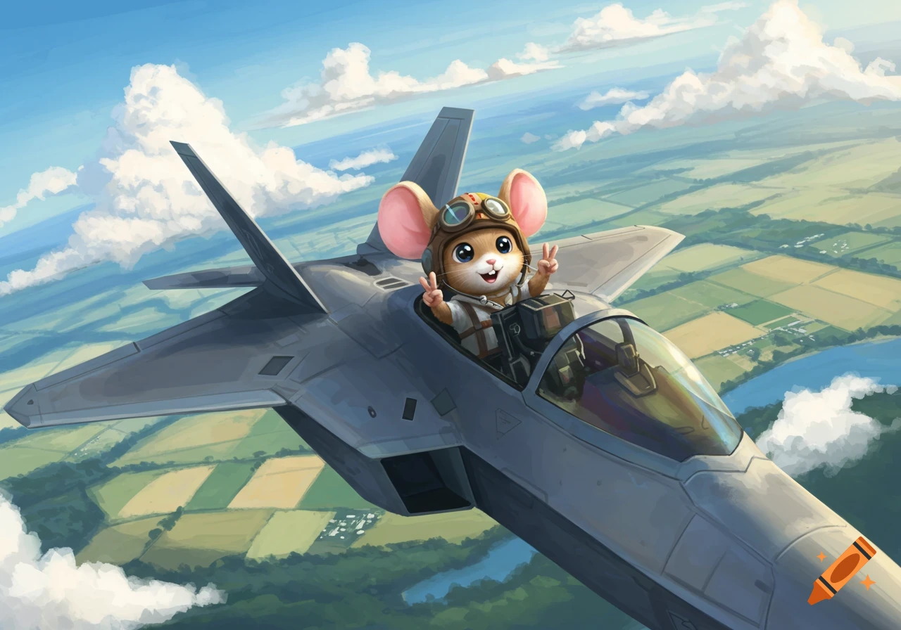 A cute cartoon mouse in pilot gear gives peace signs from the cockpit of a fighter jet flying over green fields and a river.