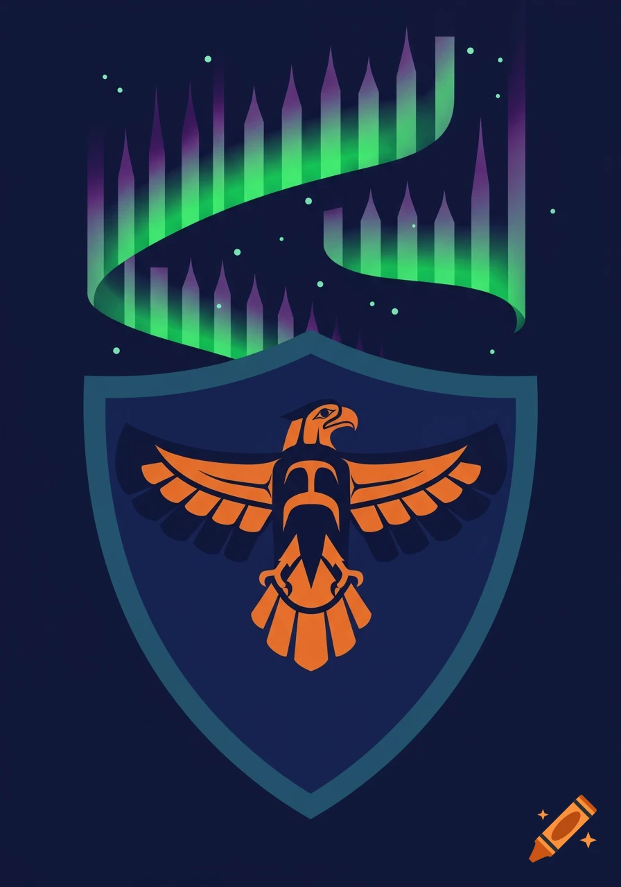 A navy blue shield with a stylized orange Haida eagle, set against a dark background with green and purple aurora borealis above.