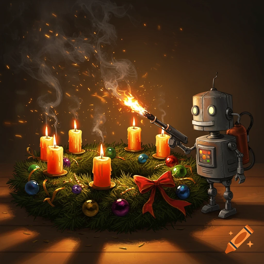 A cute robot uses a flamethrower to light candles on a festive Advent wreath, with smoke and sparks flying in a digital illustration.
