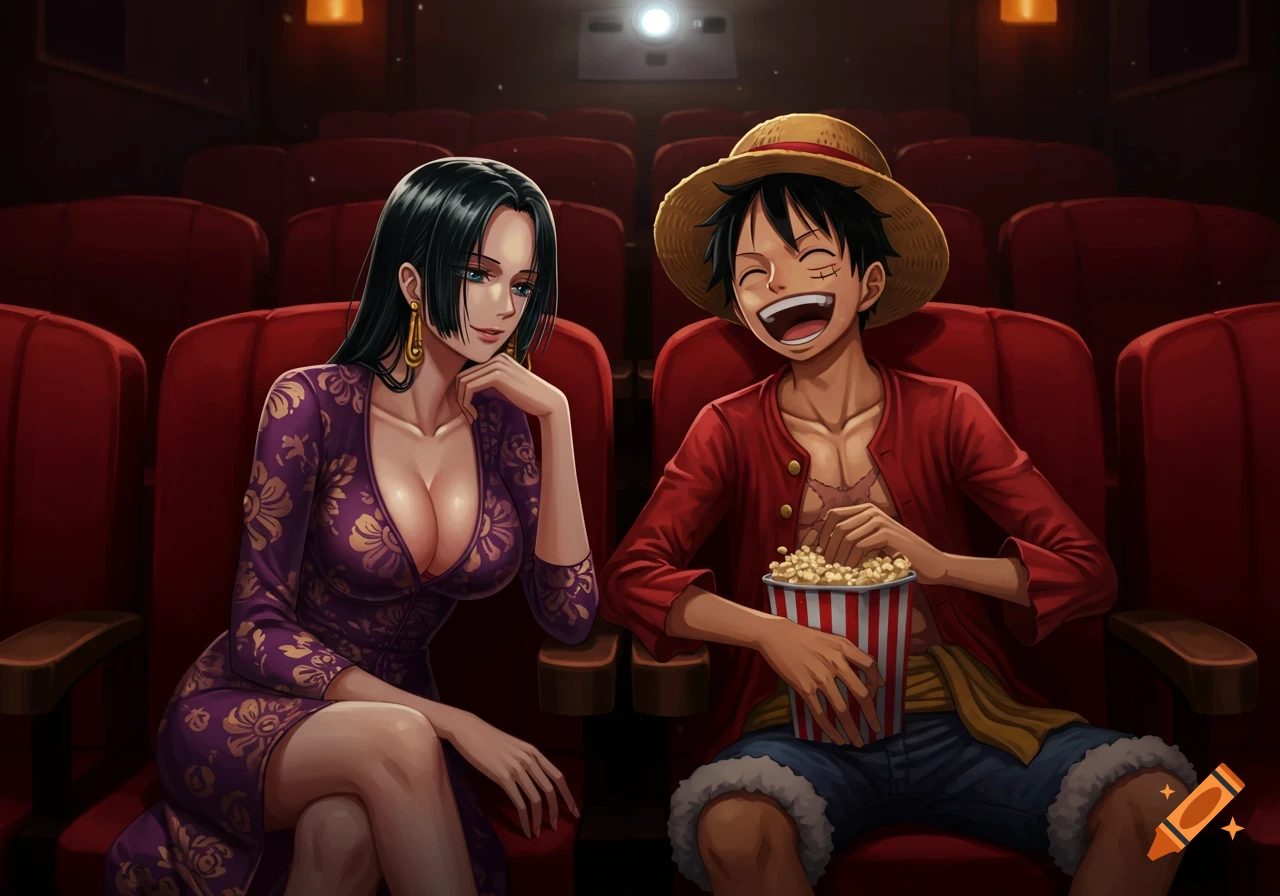 Anime characters Luffy and Hancock from One Piece enjoying a movie at a dark theater, with Luffy laughing and eating popcorn.