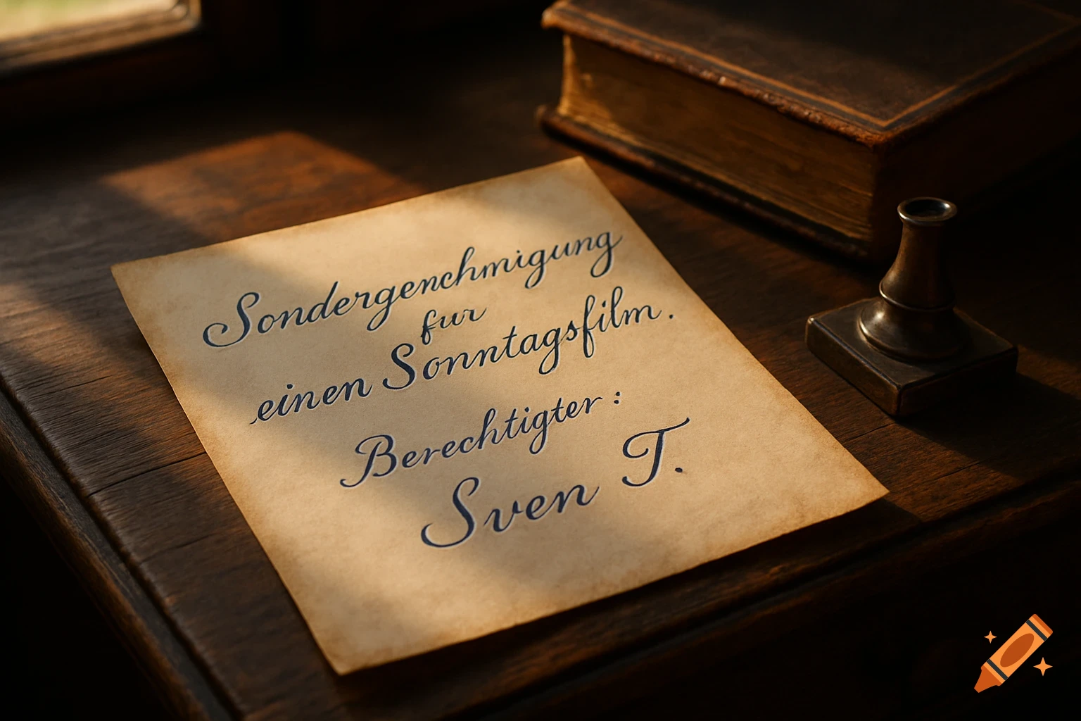 A photorealistic vintage still life of a handwritten document on aged paper, an old book, and an inkwell on a wooden desk with dappled sunlight.