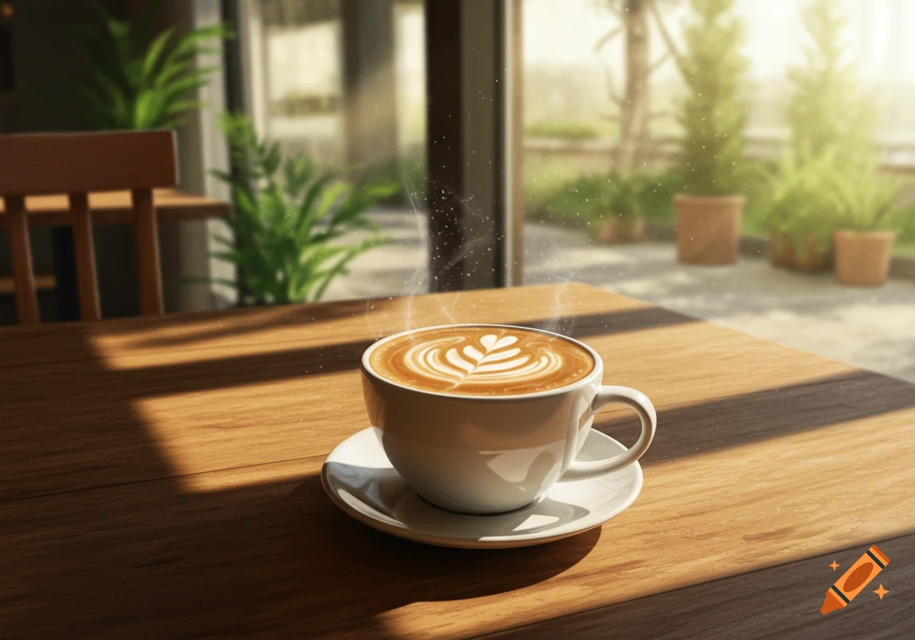 Photorealistic image of a steaming cup of coffee with latte art on a wooden table in a sunlit cafe.