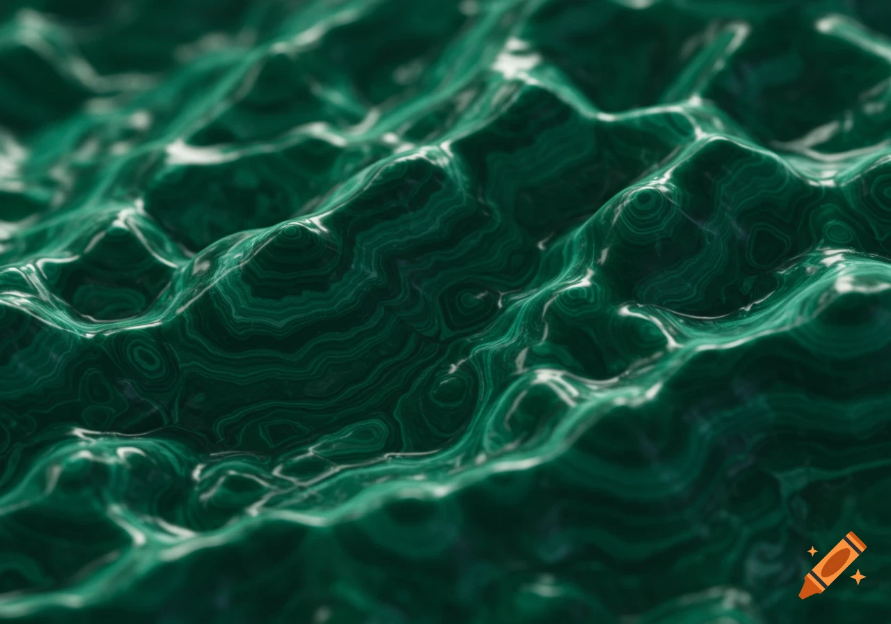 Close-up of a wavy, textured surface resembling malachite, with a gummy, translucent appearance and dark green patterns.