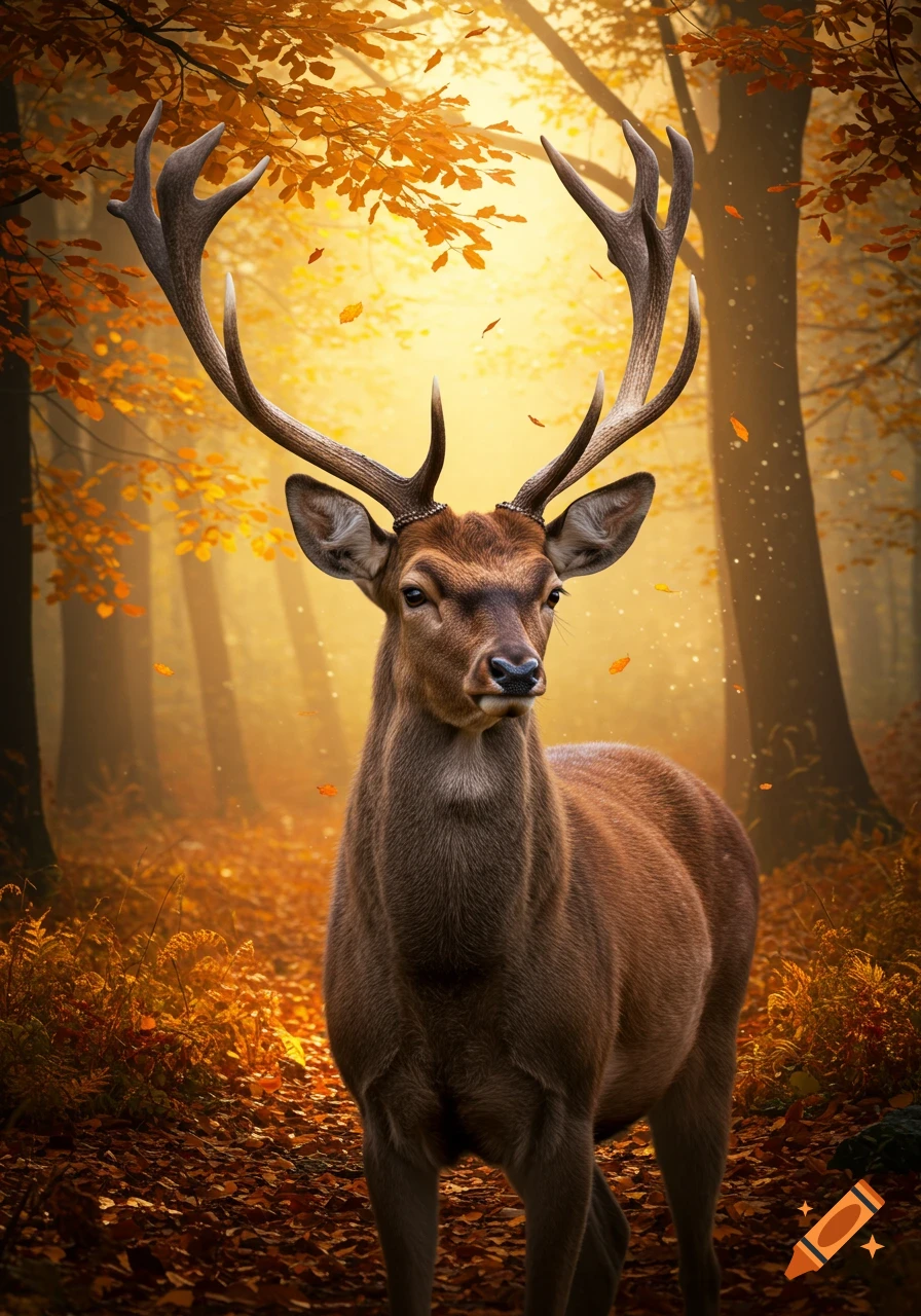 Photorealistic portrait of a majestic deer standing in a sunlit autumn forest with golden leaves.
