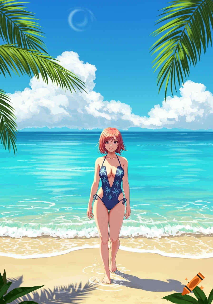 Anime illustration of a girl in a blue swimsuit walking on a sandy beach with the ocean and palm trees.
