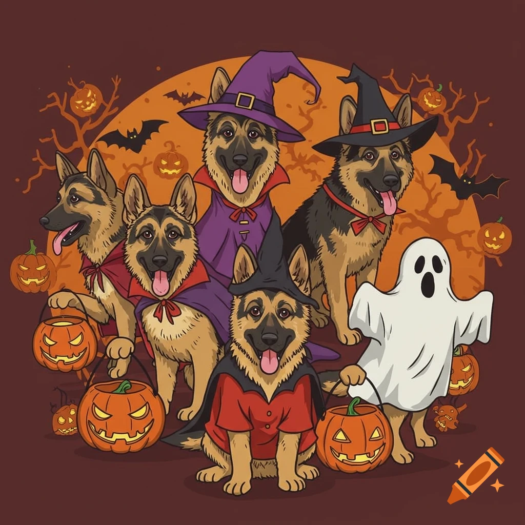 Five cartoon German Shepherds and a ghost in Halloween costumes with trick-or-treat pumpkins against a spooky moonlit background.