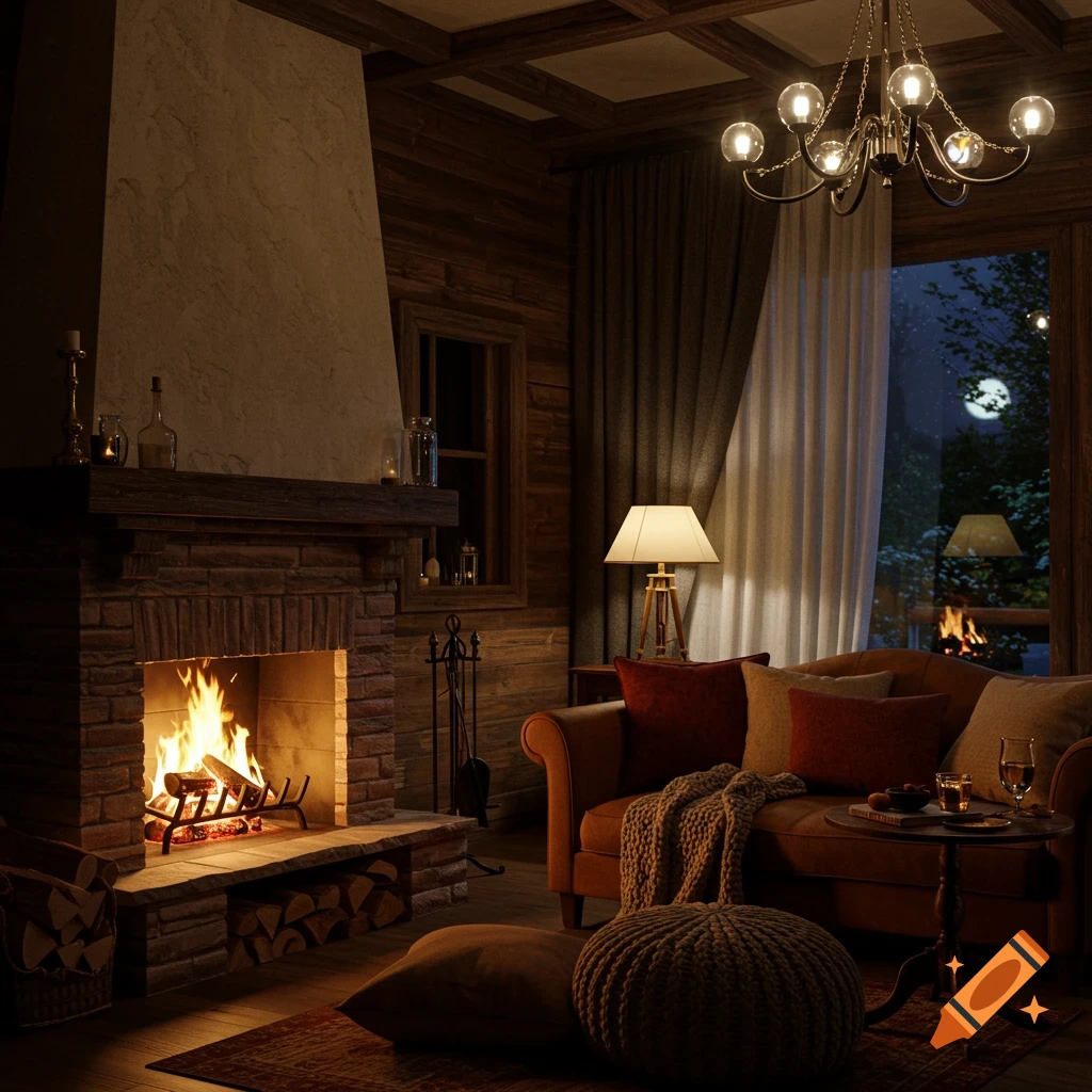 A cozy, photorealistic living room with a burning fireplace, a warm sofa, and a window looking out to a moonlit snowy night.