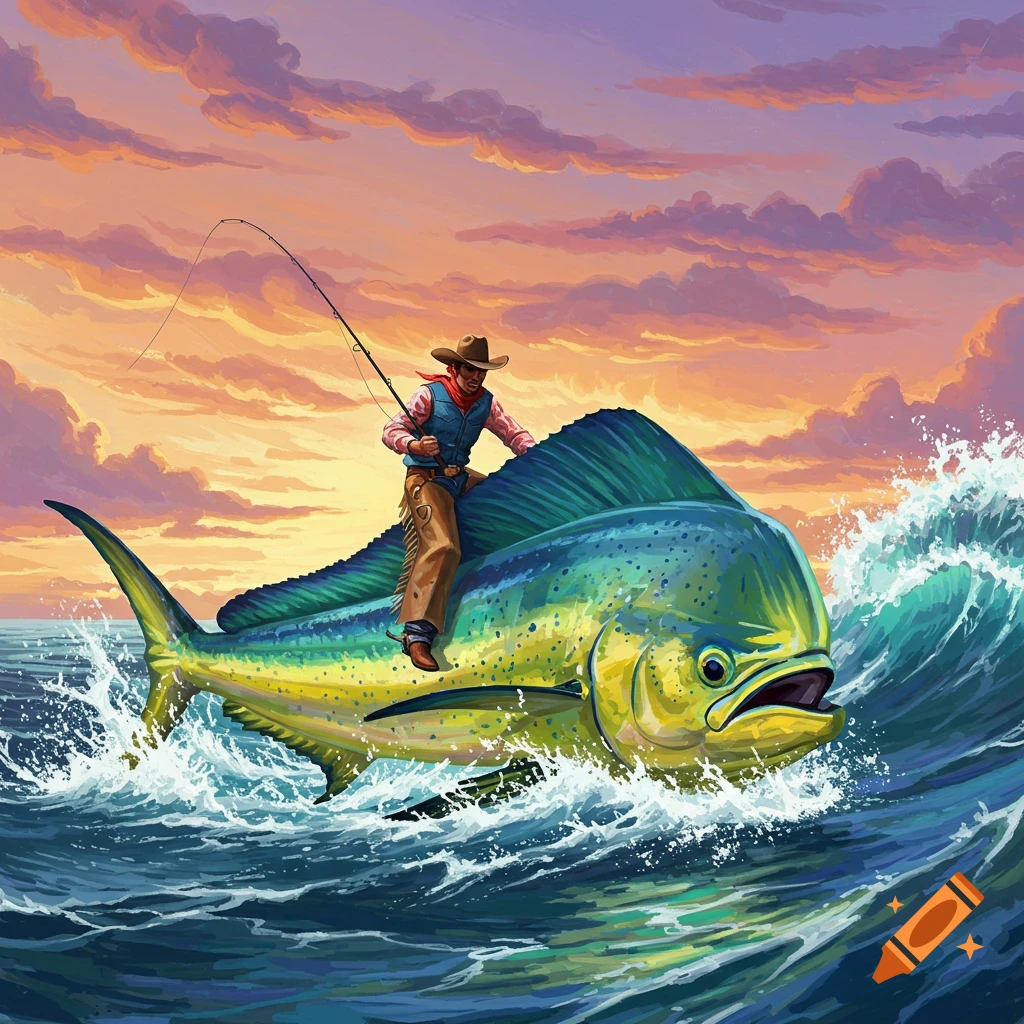 A cowboy rides a giant mahi-mahi fish through crashing ocean waves at sunset, in the vibrant illustrative style of Ed Mell.