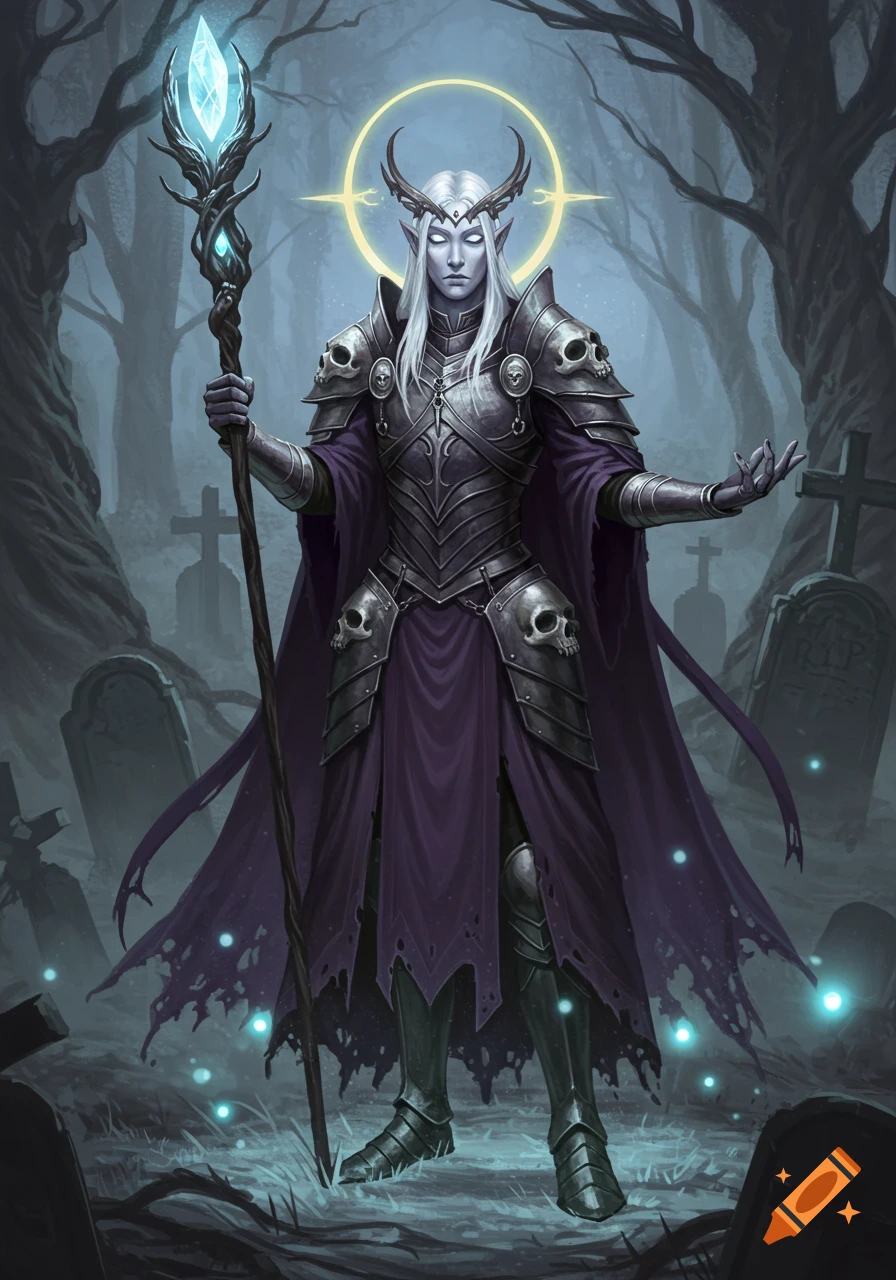 A pale-skinned Aasimar Grave Domain Cleric with white hair, horns, and glowing eyes stands in a misty graveyard, wearing dark armor with skull motifs and a tattered purple cloak, holding a glowing crystal staff.