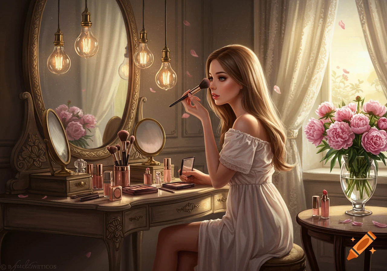 A woman with long blonde hair applies makeup at an ornate vanity table, lit by vintage Edison bulbs and natural window light.