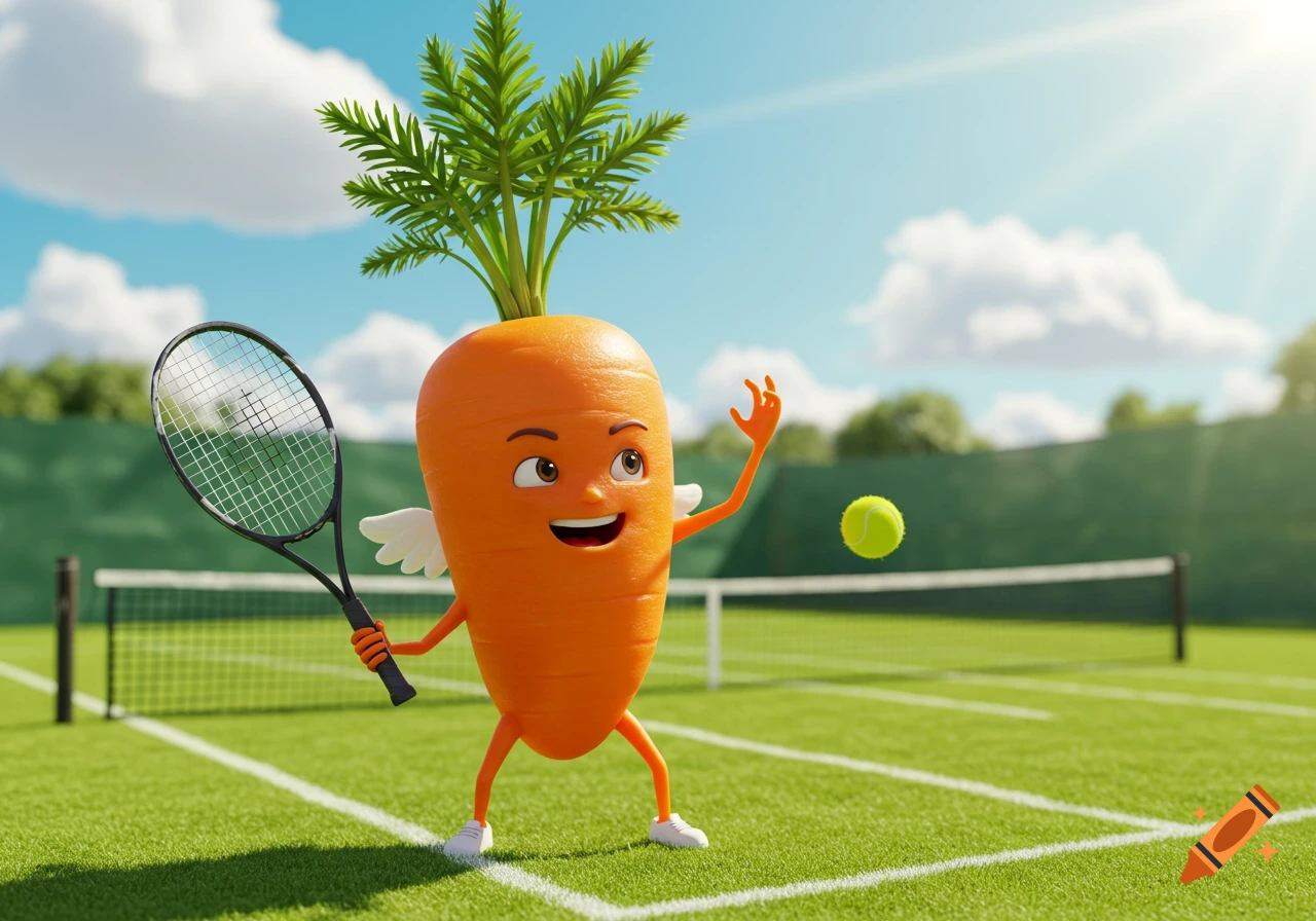 A smiling cartoon carrot with small white wings holds a tennis racket on a sunny green tennis court, ready to hit a tennis ball.