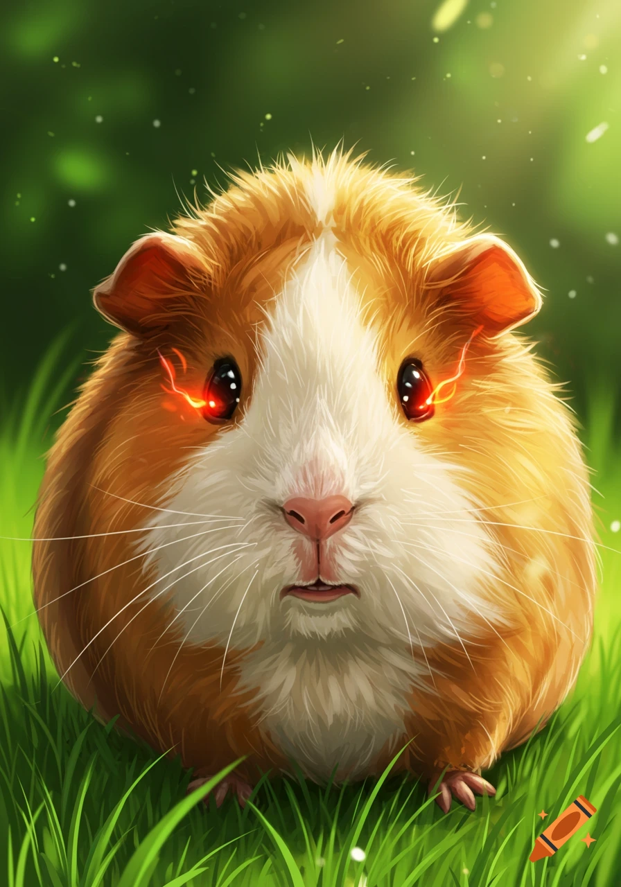 An angry-looking brown and white guinea pig with glowing red eyes sits in green grass.