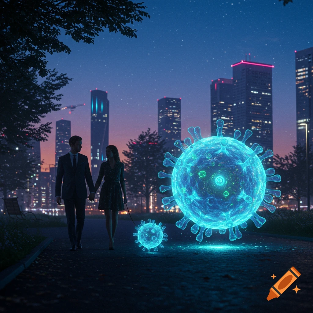 A couple walks hand-in-hand past glowing blue virus spheres in a futuristic city park at night under a starry sky.