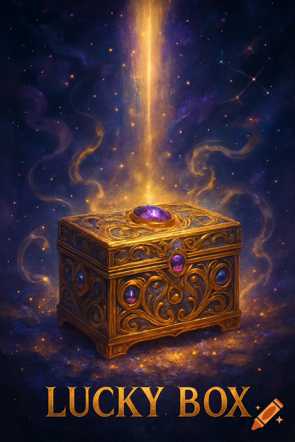 An ornate golden 'Lucky Box' with purple gems glows under a golden light beam from a starry, cosmic sky.