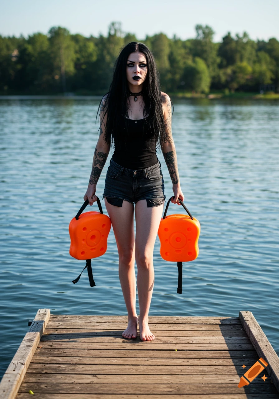A goth woman with long dark hair and tattoos stands barefoot on a wooden dock, holding two orange buoys, with a lake and trees in the background.