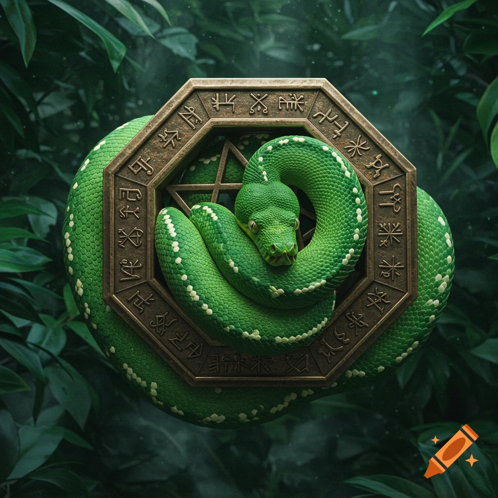 A vibrant green snake with white markings coiled around an ancient-looking brass octagon with carved symbols, set in a dark jungle.