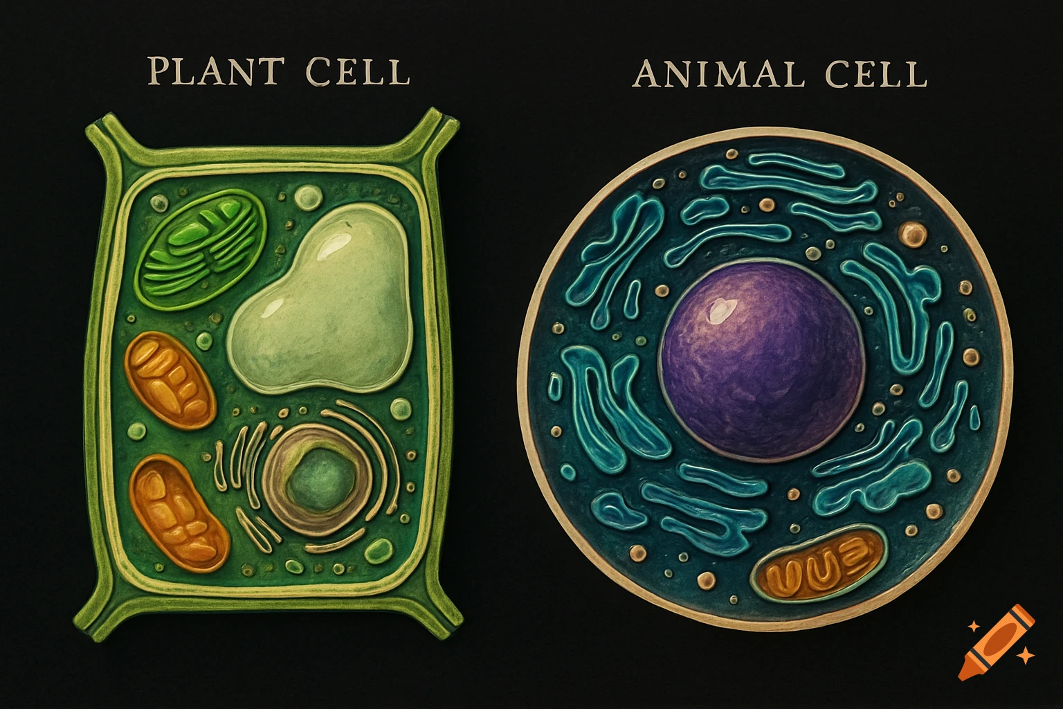 Stylized illustration comparing a plant cell (left) and an animal cell (right) with their organelles on a black background.