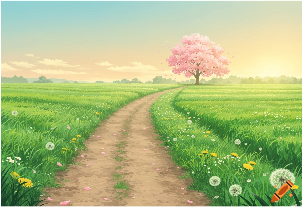 Anime landscape with a dirt road winding through green fields, leading towards a pink cherry blossom tree under a pastel sky.