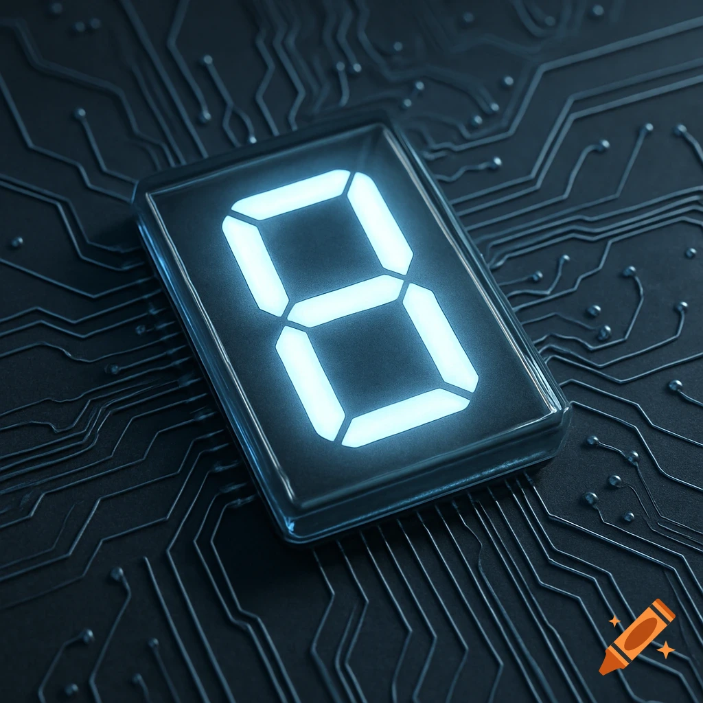A glowing blue seven-segment digital display showing the number 8, set on a dark circuit board.