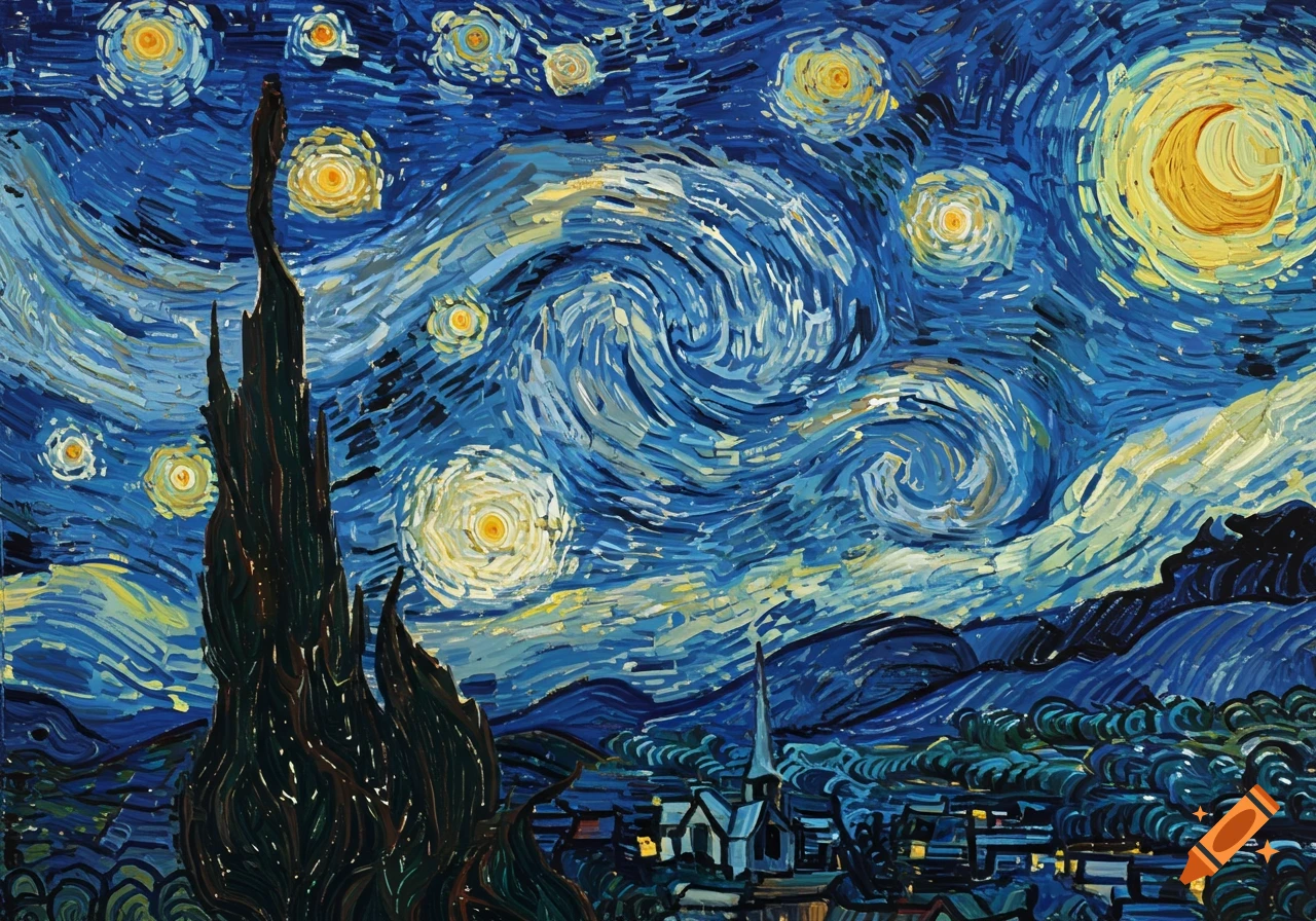 A famous painting of a dark, swirling night sky with bright stars and a crescent moon over a village with a tall cypress tree.