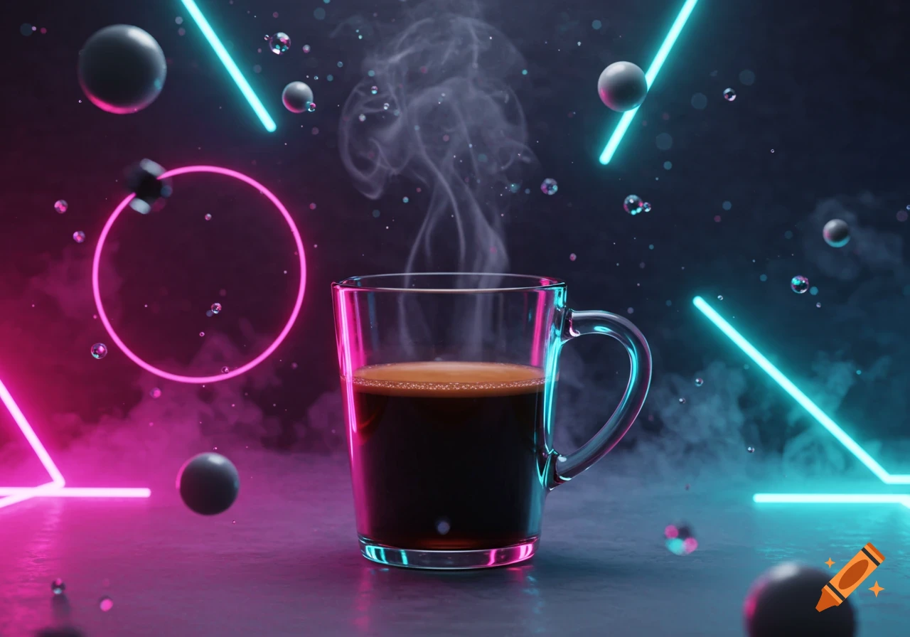 A steaming glass mug of espresso with a frothy top, surrounded by glowing pink and blue neon lights, spheres, and abstract bubbles on a dark, reflective surface.