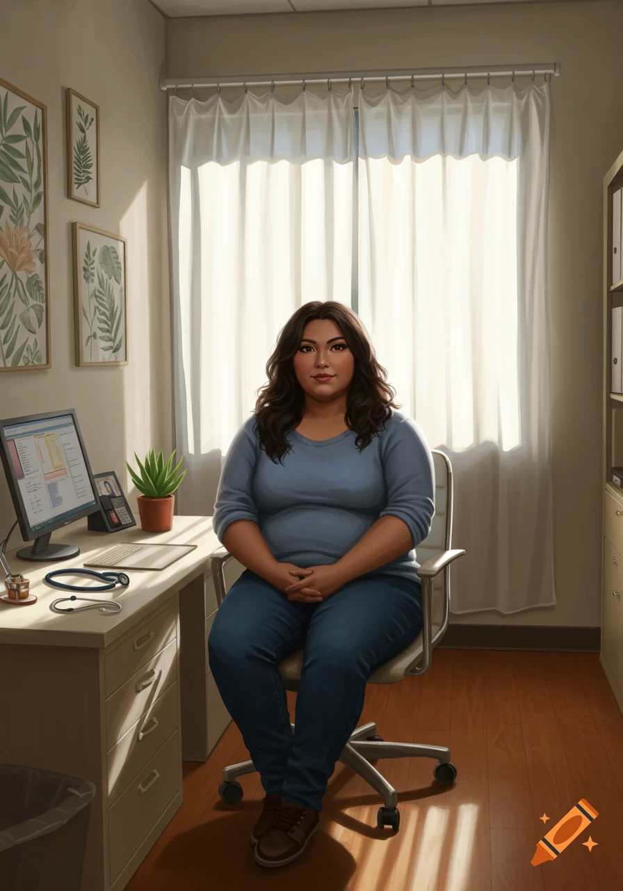A photorealistic image of a Hispanic woman sitting in a doctor's office, looking calmly at the viewer.