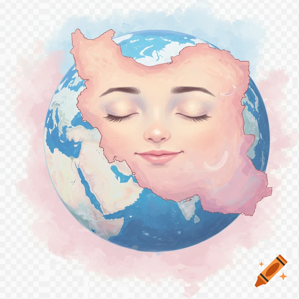 Watercolor illustration of Earth with Iran's map as a serene female face, eyes closed, smiling gently.
