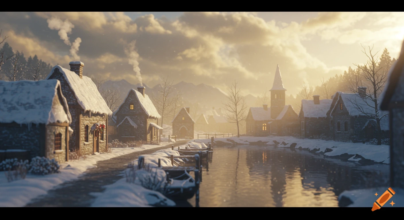 A picturesque snowy village at sunset, with golden light reflecting on a river, surrounded by mountains and a cloudy sky.