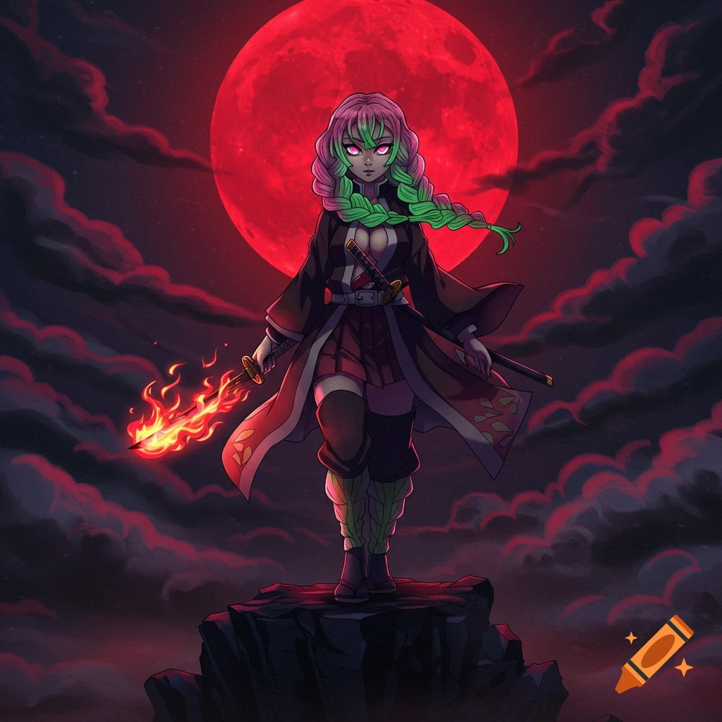 Anime warrior with pink and green hair, glowing eyes, holding a flaming sword, standing on a rock under a large red moon.