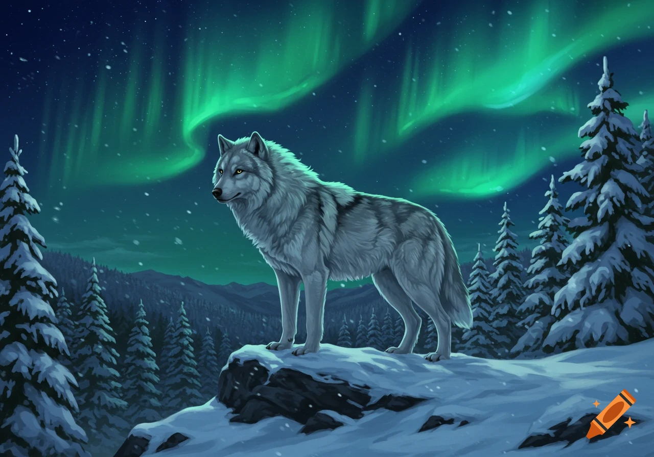 A majestic grey wolf stands on a snowy rock in a winter forest under a vibrant green aurora borealis sky, in an illustrative style.