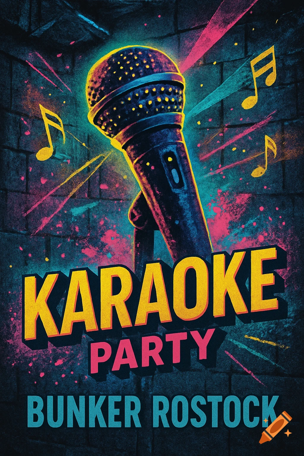 Neon poster for 'KARAOKE PARTY BUNKER ROSTOCK' with a glowing microphone, musical notes, and vibrant splatters on a dark brick wall.