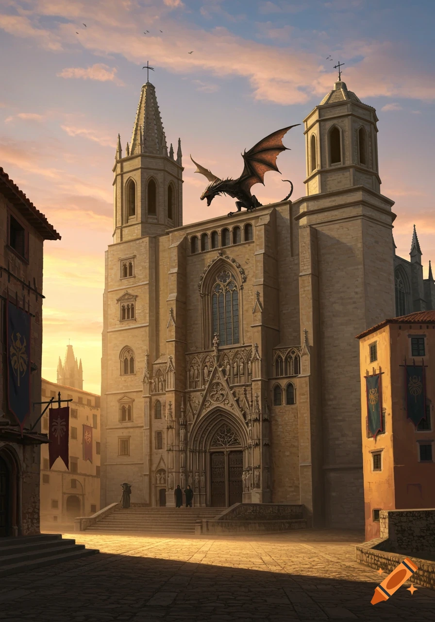 A large, dark dragon with red wings perches on a grand Gothic cathedral at sunset in a town square.