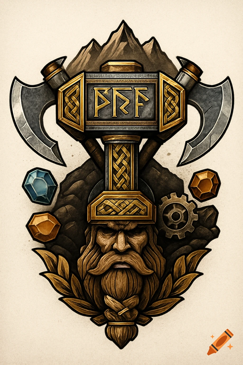 Stylized dwarf logo featuring a bearded face, crossed axes, a hammer with runes, mountains, and gems in a fantasy art style.