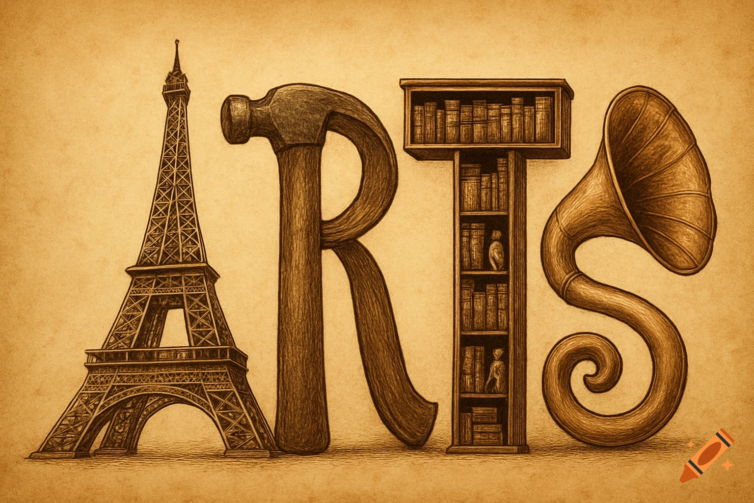 Sepia-toned sketch showing the word ARTS formed by an Eiffel Tower, hammer, bookshelf, and gramophone horn.